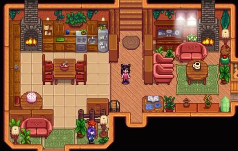 Stardew Valley Indoor Design, Kitchen Ideas Stardew Valley, Stardew Valley Kitchen Layout, Stardew Valley Tv Room, Stardew Valley House Interior Living Room, Stardew Valley House Interior Kitchen, Stardew Valley Strawberry House, Stardew Valley Kitchen Design No Mods, Room Ideas Stardew Valley