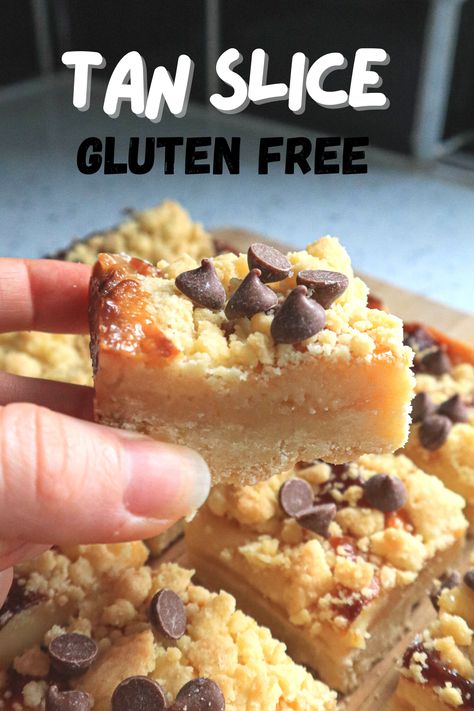 Condensed Milk Gluten Free Recipes, Tan Slice Recipe, Gluten Free Caramel Slice, Gluten Free Slices Recipes, Gluten Free Patisserie, Gluten Free Slices, Gluten Free Traybake Recipes, Gluten Free Slice, Gluten Free Squares