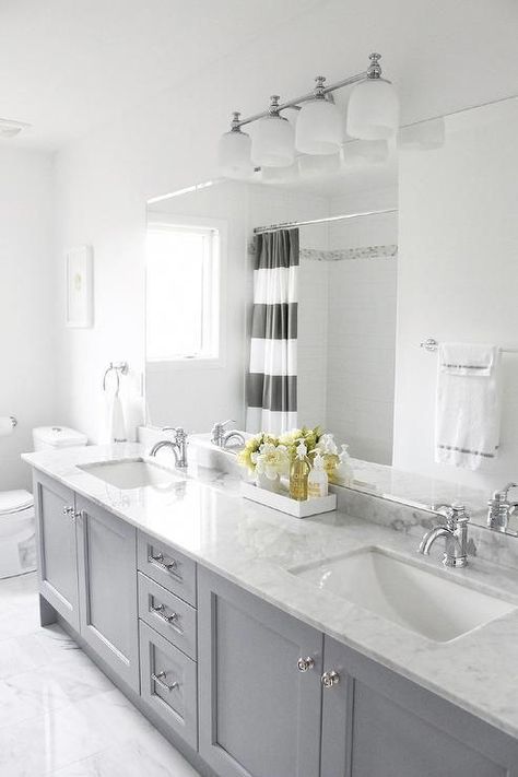 Read More About Unique Bathroom Cabinets DIY #bathroomideasgeelong #bathroomremodelweek #bathroomrenovationideas #BathroomCabinetVanity Grey Bathroom Cabinets, Makeover Kamar Mandi, Grey Bathrooms Designs, Gray And White Bathroom, Revere Pewter, Grey Bathroom, Bad Inspiration, Subway Tiles, Boys Bathroom