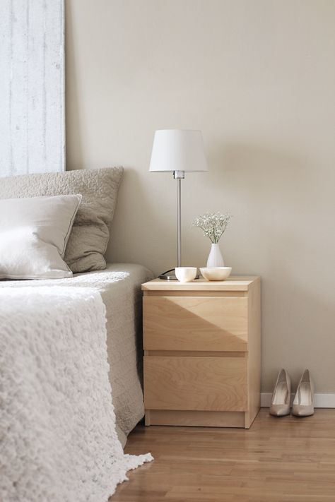 . Light And Airy Apartment, Airy Apartment, Ikea Malm Nightstand, Ikea Nightstand, Bedside Table Decor, Bedroom Design Trends, Bedroom Styling, Pale Wood, Ikea Bed