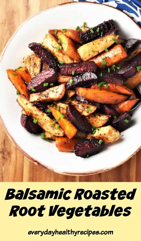 Balsamic roasted vegetables are a fantastic side dish perfect for any occasion. The vegetables are immersed in a sweet and savoury balsamic dressing before roasting and finished off with a rich balsamic glaze for maximum flavour. #roastedvegetables #thansgivingdinner #chrsitmasdinner #rootvegetables #everydayhealthyrecipes Balsamic Glazed Roasted Vegetables, Roasted Root Vegetables Balsamic, Roasted Vegetables With Balsamic Vinegar, What To Use Balsamic Glaze On, Roasted Vegetables With Balsamic Glaze, Holiday Roasted Vegetables, Roasted Vegetables Balsamic, Balsamic Roasted Vegetables, Balsamic Vegetables