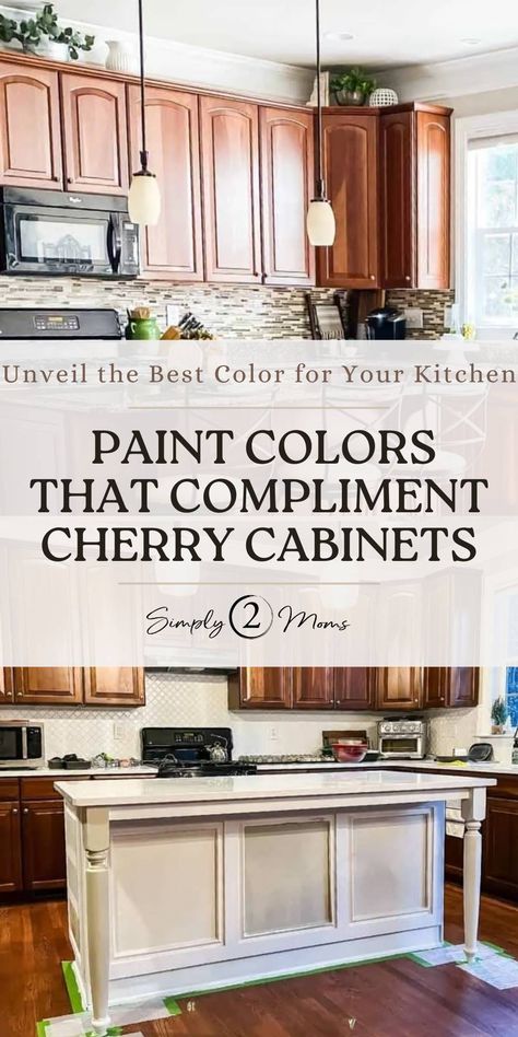 Looking for a kitchen makeover without touching your beloved cherry cabinets? Dive deep into the story of a kitchen revamp by choosing a promising paint color for your kitchen island. Uncover the journey and inspire your own transformation! Cherry Cabinet Kitchen Color Scheme Wood, Kitchen Paint Colors Cherry Cabinets, Kitchen Ideas With Cherry Cabinets, Kitchen Design Cherry Cabinets, Kitchen Paint Colors With Cherry Cabinet, Cherry Cabinet Makeover, Cherry Kitchen Cabinets Makeover, Cherry Oak Kitchen, Updating Cherry Cabinets Kitchen