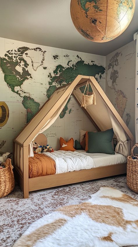 Ignite your child's wanderlust with a Sagittarius adventure-themed room 🌍✨! Featuring a captivating world map mural 🗺️, a cozy tent bed ⛺, globe light fixtures 🌐, and travel-inspired toy storage 🧳. Perfect for little explorers ready to dream big and discover the world! 🚀 Kids Adventure Bedroom, Adventure Room Ideas, Boys Adventure Bedroom Ideas, Arlo Bed, Boys Outdoor Theme Bedroom, Outdoor Theme Bedroom, Boys Adventure Bedroom, Adventure Boys Room, Explorer Room