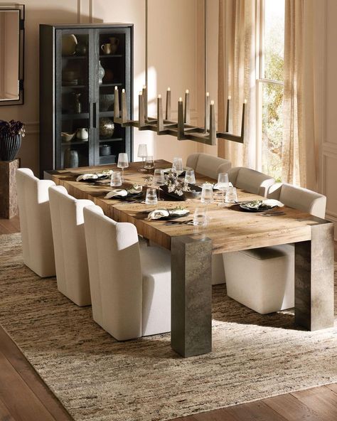 Restoration Hardware Style, Mountain Interiors, Chic Dining Room, Faux Leather Dining Chairs, Rustic Dining Room, Oval Table Dining, Formal Dinner, Dining Room Inspiration, Fall Decorating