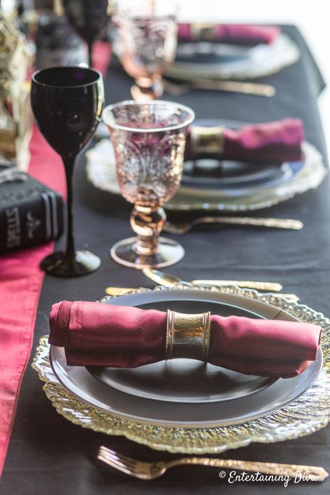 Gorgeous Gryffindor house tablescape. I love all of the house table settings at this Harry Potter party. Click through to see all of the Harry Potter table decor ideas. #entertainingdiva #harrypottertable  #harrypotterparty #tablesettings #tablescape #harrypotterparty Harry Potter Table Decor, Black Lace Candles, Harry Potter House Colors, Harry Potter Dinner, Harry Potter Table, Lace Candle Holders, Lace Candles, Halloween Table Settings, Gold Halloween