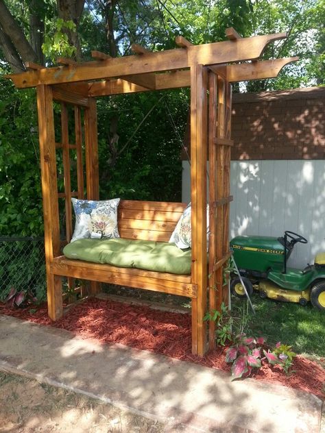 Outdoor Garden Bench Ideas, Pergola Bench, Bench Design Outdoor, Garden Arbor Bench, Arbor With Bench, Lawn Makeover, Diy Garden Arbor, Metal Garden Arbor, Over Garage Door