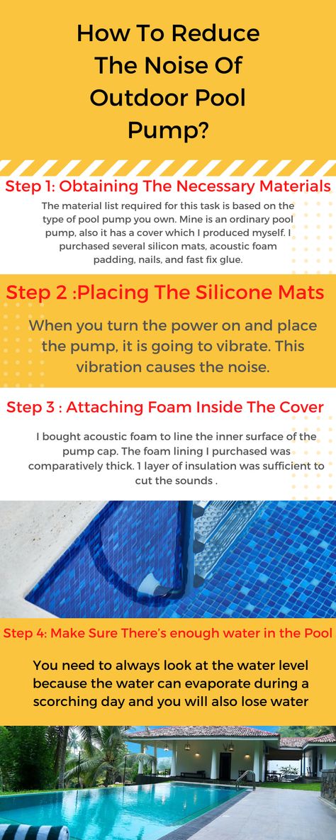 Raise the Water Level in Your Pool, Clean Out the Skimmer Baskets, Empty the Pump Basket, Level the Pool Pump and Filter, Install Vibration Pads, Tighten the Mounting Screws/Bolts, Clean the Impeller on Your Pool Pump, Replace Worn Out Bearings/Rebuild Pump Motor. Pool Pumps And Filters, Pool Pump, Screws And Bolts, Water Level, Outdoor Pool, Clean Out, Swimming Pool, Swimming Pools, Baskets