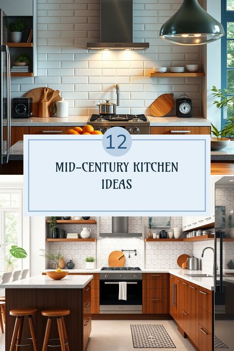 Looking to spruce up your kitchen? Check out these 12 fun and inspiring mid-century modern kitchen ideas that’ll spark your creativity! Discover minimalist designs infused with retro charm, showcasing vibrant colors and unique wooden accents. From sleek cabinets to playful kitchen accessories, you'll find endless ways to incorporate this timeless style into your cooking space. If you love open layouts and earthy elements, these ideas will guide you in creating a kitchen that stands out. Let’s make your kitchen the heart of the home! Green And Walnut Kitchen Cabinets, Mcm Home Interiors, Mid Century Modern Kitchen Floor, Mcm Kitchen Decor, 1930s Kitchen Cabinets, 1930s Kitchen Remodel, Midcentury Kitchen Remodel, Mid Century Modern Kitchen Cabinets, Retro Modern Kitchen