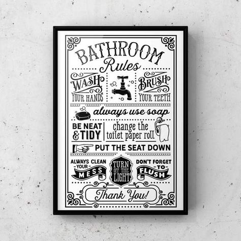 Baie Vintage, Apothecary Bathroom, Vintage Style Bathroom, Vintage Bathroom Decor, Bathroom Quotes, Bathroom Rules, Farmhouse Decoration, Bathroom Prints, Decoration Originale