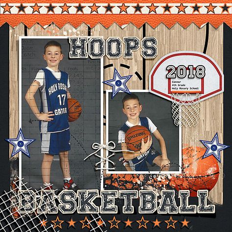 2018 Hoops Connor - Scrapbook.com Basketball Scrapbook Ideas, Basketball Scrapbook Layouts, Basketball Layout, Basketball Scrapbook, Sports Layout, Yearbook Design Layout, Senior Scrapbook Ideas, Football Scrapbook, Basketball Team Pictures