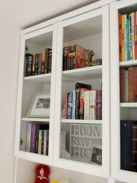 How-to: Make the (almost) extinct 97x40cm Oxberg Glass Doors - IKEA Hackers Doors For Billy Bookcase, Billy Bookcase With Doors, Wallpaper Bookcase, Ikea Hack Living Room, Tall Cupboard, Billy Oxberg, Ikea Storage Cabinets, Billy Bookcases, Tall Bathroom Storage Cabinet