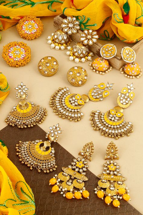 Yellow Jwellary, Yellow Jwellary Set, Yellow Jhumka Earrings, Yellow Earrings Indian, Haldi Earrings, Yellow Jhumka, Haldi Jewellery, Meenakari Earrings, Unique Wedding Jewelry