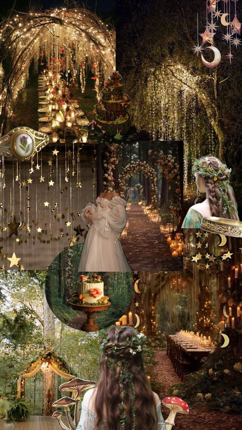 Forest wedding 🍄🌿 Elves Wedding Theme, Fairy Tail Wedding Theme Receptions, Wedding Ideas Nature Theme, Woods Wedding Aesthetic, Wedding Ideas Enchanted Forest, Forest Wonderland Wedding, Fairytale Woods Wedding, Fairy Forest Wedding Decor, Whimsical Forest Wedding Theme