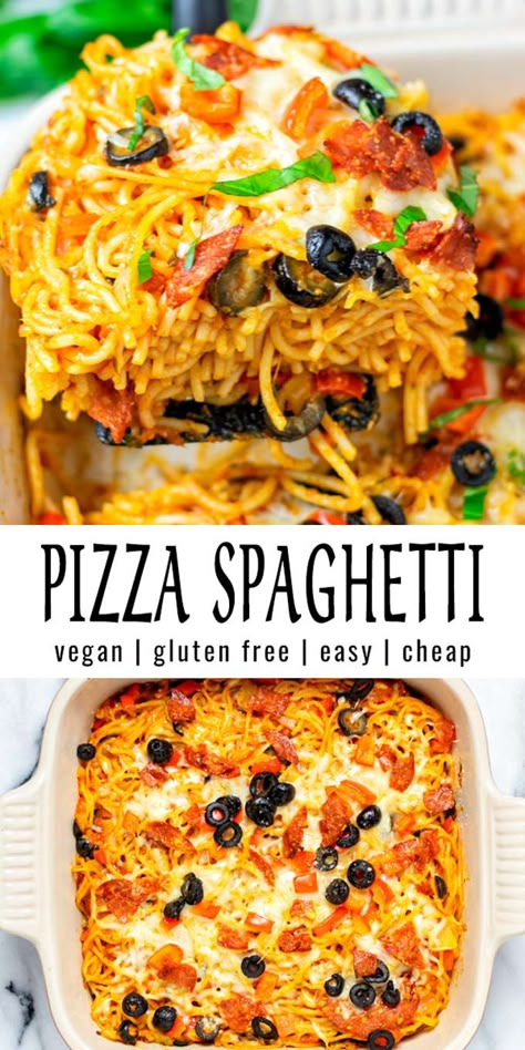 These Pizza Spaghetti are filling, easy, delicious and budget friendly. You can never go wrong with my step by step instruction pictures, and it is made with easy pantry staples like cooked spaghettis, tomato sauce aromatic spices like Italian herbs, garlic and baked to perfection in no time. No one could ever tell it is vegan. #vegan #dairyfree #vegetarian #contentednesscooking #dinner #lunch #mealprep #pizzaspaghetti Vegan Casserole Recipes, Pizza Spaghetti, Vegan Casserole, Italian Herbs, Vegan Pasta Recipes, Spaghetti Recipe, Vegan Main Dishes, Pantry Staples, Easy Healthy Dinners