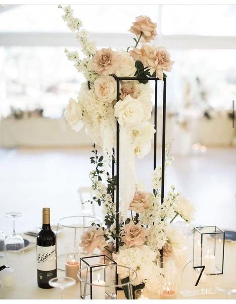 Modern Tall Centerpieces Wedding, Monochromatic Wedding Centerpieces, High Centerpiece Wedding Romantic, Gold Harlow Stand Centerpiece, Elevated Floral Arrangements, Rectangle Wedding Centerpieces, Gala Floral Centerpieces, Neutral Wedding Centerpieces Floral Arrangements, Neutral Wedding Flowers Centerpieces