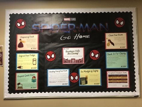 Spiderman Ra Bulletin Board, Ra Staff Bulletin Board, Anime Bulletin Board Ideas, Spiderman Bulletin Board, Closing Ra Bulletin Board, Marvel Bulletin Board, Closing Bulletin Board Ra, Ra Closing Bulletin Board, Ra Door Decs College Resident Assistant