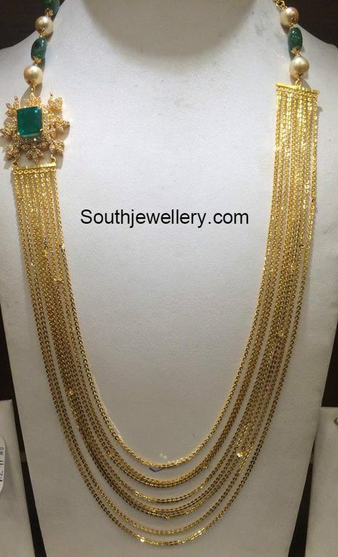 Chandraharam with Diamond Side Pendant Chandra Haram Designs Gold, Chandra Haram, Gold Long Chain, Haram Designs, Necklace Emerald, Beautiful Gold Necklaces, Gold Pendant Jewelry, Wedding Jewellery Collection, Gold Jewelry Simple