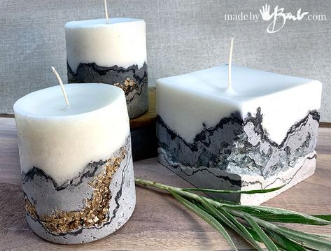 Concrete Pillar Candle, Cement Candles, Diy Candle Pillars, Diy Cement Candle Holders, Geode Candle Holder, Beachy Candles, Concrete Candle Holders Diy, Geode Candle, Concrete Candles