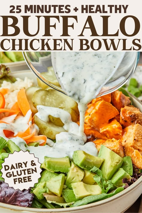 If you’re looking for an easy, flavorful, and satisfying meal, these Buffalo Chicken Bowls are it! Topped with high protein dressing, avocado, tons of veggies, and cooked rice, you will not believe how delicious and easy these bowls are. Ready from start to finish in just 25 minutes! Protein Ranch Dressing, Buffalo Chicken Bowls, Healthy Ranch Dressing, Chicken Bowls, Peach Recipes, Food Freedom, Healthy Buffalo Chicken, Weekday Meals, Cooked Rice