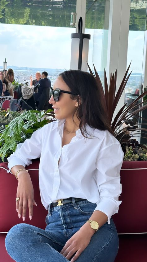 Gucci Belt Outfit Fall, White Blouse And Jeans Outfit Classy, White Belt Outfit Ideas, Celine Shirt Outfit, Celine Belt Outfit Women, Celine Tshirt Outfit, Celine Triomphe Belt Outfit, Designer Belt Outfit, Kelly Belt Outfit