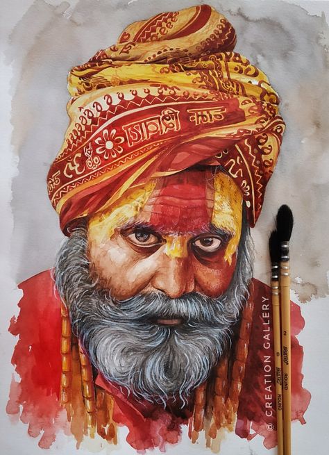 Indian Contemporary Art Paintings, Sadhu Painting, Water Colour Painting Ideas, Pencil Colour Portrait, Colour Portrait, Old Man Portrait, Colour Drawing, Watercolor Portrait Painting, Human Figure Sketches