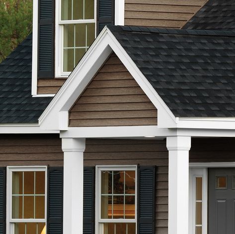 Explore your style with an array of colors with our premium Compass Vinyl Siding. Chose from lighter, comfy neutrals, to dynamic, dark hues and worry-free wood grains. Compass Vinyl Siding gives you the largest palette of colors to chose from in the Georgia-Pacific Vinyl Siding family. Georgia-Pacific Vinyl Siding is made using the highest quality raw materials. The patented, proprietary technology delivers superior durability and performance. And to ensure the product is reliable, each batch goes through a rigorous 35-point checklist to make sure it meets exacting quality standards. Georgia-Pacific Compass Double 4-in Traditional Hearthstone Brown Vinyl Siding Panel 8-in x 150-in | 138822A Clay Vinyl Siding, Georgia Pacific Vinyl Siding, Blue Vinyl Siding, White Vinyl Siding, Vinyl Siding Colors, Clapboard Siding, Siding Colors, House Siding, Blue Vinyl