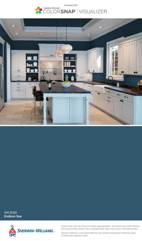 I found this color with ColorSnap® Visualizer for iPhone by Sherwin-Williams: Endless Sea (SW 9150). | Blue kitchen walls, Blue accent walls, Kitchen paint colors Room Color Design, Color Visualizer, Blue Kitchen Walls, Havenly Living Room, Blue Painted Walls, Paint For Kitchen Walls, Blue Accent Walls, Painting Countertops, House Color Palettes