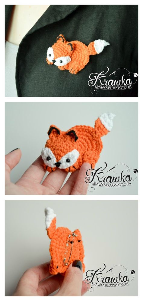 FOX Brooch Free Crochet Pattern #coolcreativityfreepattern #broochpin #crochetaccessories Crochet Patch Pattern, Crochet Christmas Brooch, Crochet Pins Brooch, Crochet Fox Applique, Crochet Brooch Pattern Free, Mini Crochet Amigurumi, Crochet Fox Pattern Free, Crochet Hacks, Leg Warmers Crochet Pattern