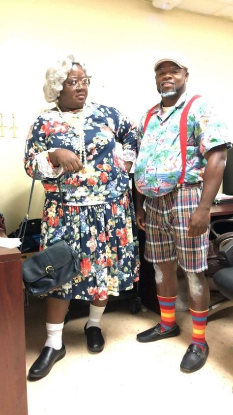 Madea and Mr. Brown costume Black Spirit Week Outfit, Madea Costume Idea, Elderly Halloween Costume, Senior Citizen Day Spirit Week Outfits, Madea Halloween Costume, Madea Costume, Elderly Costume, Senior Citizen Day Spirit Week, Senior Citizen Costume