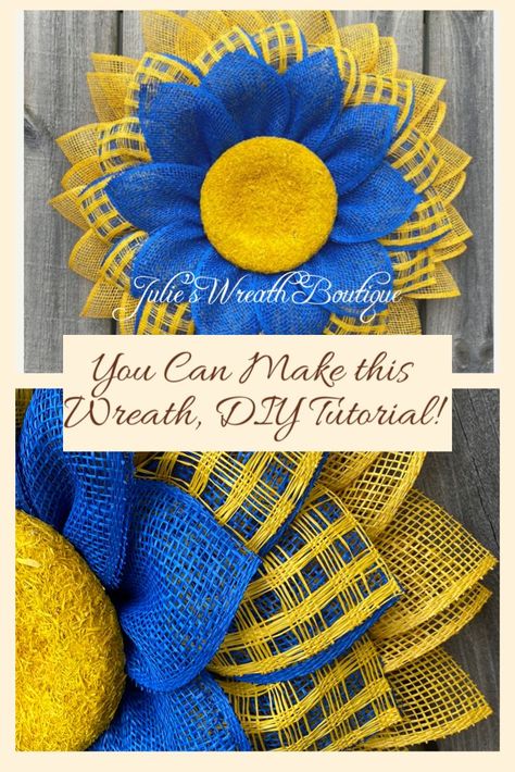 Diy Burlap Wreath Tutorial Step By Step, Pull Through Mesh Wreath Tutorial Flower, Diy Burlap Wreath Tutorial, Burlap Sunflower Wreath Diy Tutorial, Burlap Wreath With Flowers, Poly Burlap Flower Wreath Tutorial, Decorative Mesh Wreaths, Burlap Wreath Tutorial, Sunflower Crafts