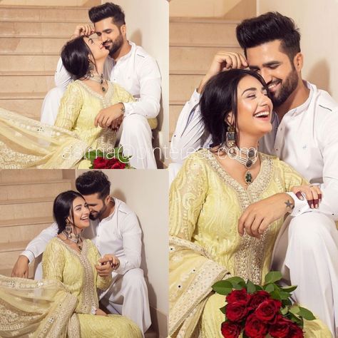 Saree Couple Poses, Couple Photoshoot Poses Indian, Kankotri Lekhan, Cute Couple Photoshoot Poses, Saree Couple, Sara Falak, Cute Couple Photoshoot, Traditional Shoot, Engagement Dress For Groom