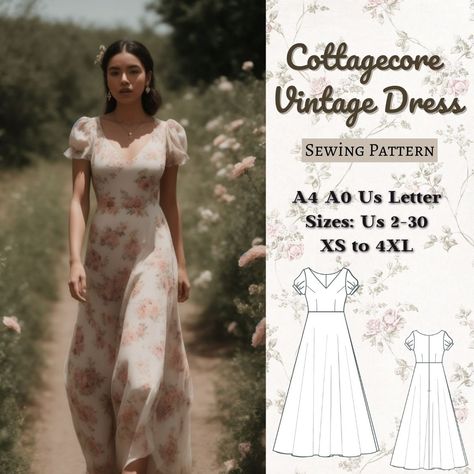 Cottagecore Vintage Dress Sewing Pattern  in PDF format, offering various size options. Size options include US Sizes from 2 to 30 and Standard Sizes from XS to 4XL, suitable for A4, A0, and US Letter size papers. Upon payment processing, receive automatic download links for the pattern files. Note that this is a digital product, not a finished item; you will receive zip files comprising both patterns and sewing instructions. Don't hesitate to contact me with any questions or concerns! Happy Sewing! :) Diy Cottagecore Dress Pattern, Celtic Dress Pattern, Free Vintage Dress Patterns, Dress Patterns For Plus Size Women, Pattern For Dress For Women, Free Milkmaid Dress Pattern, Modest Dress Sewing Patterns, Midi Dress Pattern Sewing, Modest Dress Patterns Sewing