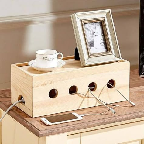 The Wooden Cable Organizer Box Hides Your Power Strip and Tangled Cables Cable Organizer Box, Cable Management Box, Hide Cables, Bar Basement, Cable Storage, Easy Wood, Diy Tv, Organization Diy, Cable Box