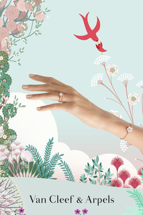 Follow the lovely birds' journey and witness the expression of their tender feelings with delicate Lucky Spring creations. #VCAluckyspring #VanCleefArpels #MothersDay Illustrator: Charlotte Gastaut Spring Campaign Design, Shen Yun, Ramadan Photos, Spring Campaign, Fashion Ad Campaigns, Nouveau Illustration, Campaign Design, Art Nouveau Illustration, Photo Concept