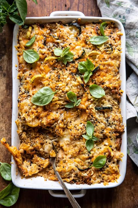 Cheesy Zucchini Chicken and Rice Bake | halfbakedharvest.com Half Baked Harvest Zucchini, Zucchini Chicken, Half Baked Harvest Recipes, Cheesy Rice, Rice Bake, Cheesy Zucchini, Harvest Recipes, Half Baked, Tater Tots