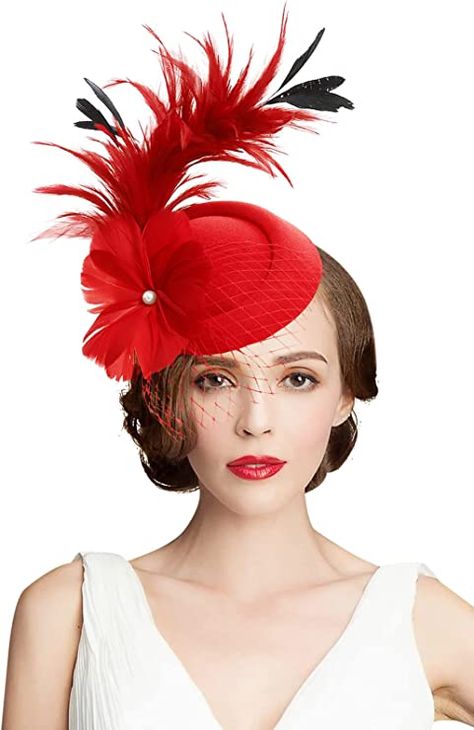 Z&X Feather Fascinator Pillbox Hats for Women Sianmay Headband Wedding Tea Party Derby Hat with Clips Red at Amazon Women’s Clothing store Royal Ascot Races, Hat With Feather, Fascinator Wedding, Feather Fascinator, Party Headband, Feather Wedding, Wedding Tea, Fascinator Headband, Tea Party Hats