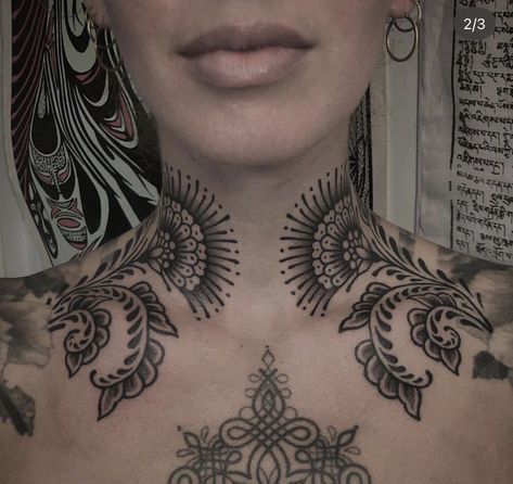 Symmetrical Chest Tattoos For Women, Ornamental Collar Tattoo, Partial Neck Tattoo Women, Ornamental Neck And Chest Tattoo, Throat Ornamental Tattoo, Symmetrical Throat Tattoo, Collarbone And Neck Tattoo, Japanese Neck Tattoo For Women, Symmetrical Neck Tattoos Women