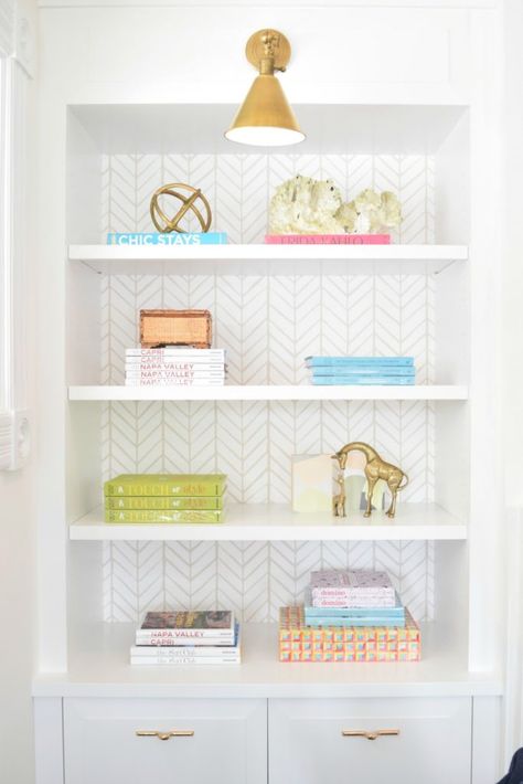 Serena & Lily Shop and Bloggers Favorite Home Decor Forest Wallpaper Bedroom, Wallpaper Bookshelf, Nesting With Grace, Feather Wallpaper, Wallpaper Shelves, Diy Living Room Decor, Serena Lily, Friday Favorites, Built In Shelves