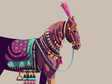 Indian Marwari stallion Rajkumar decorated with colourful beads, jewellery and headgear. Decorated Animals- http://bit.ly/2k9ARox Horse Illustration Design, Wedding Card Illustration, Ranganath Krishnamani, Decorated Horse, Rajasthan Jaipur, Rajasthani Art, Illustration Colorful, Indian Illustration, Horse Illustration