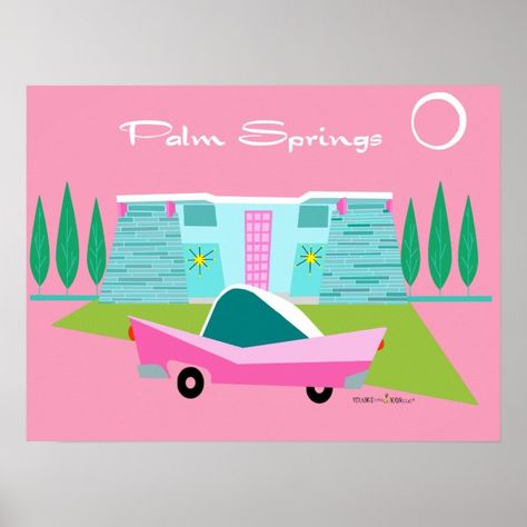 Palm Springs Poster, Pink Palm Springs, Spring Illustration, Summer Getaway, Summer Vintage, Postcard Size, Vintage Summer, Vintage Travel, Palm Springs