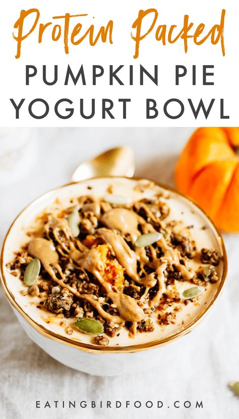 This protein packed pumpkin pie yogurt bowl is the perfect fall breakfast. Loaded with protein-packed yogurt, pumpkin puree, pumpkin pie spice and all your favorite toppings! #pumpkinyogurt #pumpkin #yogurtbowl #proteinpacked #proteinrecipe #proteinbreakfast #glutenfree Healthy Pancakes Oatmeal, Pumpkin Pie Yogurt, Pancakes Oatmeal, Pureed Diet, Puree Pumpkin, Pumpkin Chia Pudding, Yogurt Pie, Pumpkin Yogurt, Light Lunches