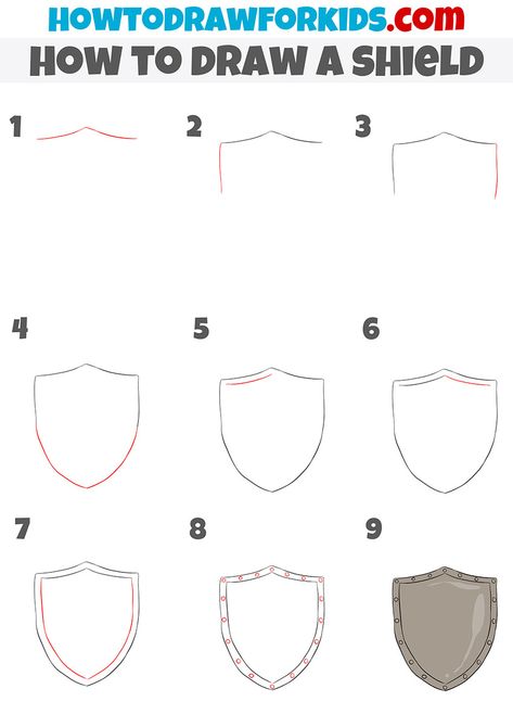 how to draw a shield step by step Shield Drawing Reference, Doodle 101, Shield Drawing, Roman Shield, Useful Skills, Helmet Drawing, Medieval Drawings, Banner Drawing, Easy Drawing Tutorial