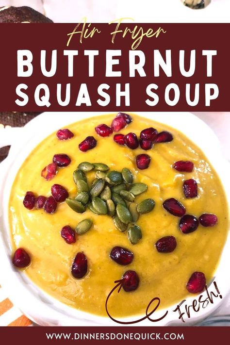 You can made delicious homemade butternut squash soup right in your air fryer! The flavors you get from roasting your vegetables makes for an incredible treat! #dinnersdonequick #airfryerbutternutsquashsoup #airfryerbutternutsquashsouprecipe #airfryersoup #roastedbutternutsquashsoup #ninjafoodibutternutsquashsoup #roastedbutternutsquashsoupairfryer Butter Squash Soup, Pumpkin Spice Treats, Butternut Squash Recipes Soup, Roasted Butternut Squash Soup, Fall Dinner Recipes, Fall Dinner, Butternut Squash Soup, Creamy Mashed Potatoes, Indulgent Desserts