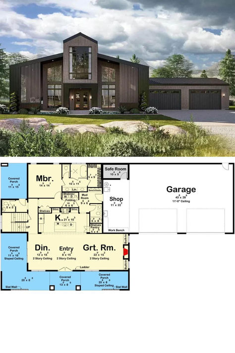 3-Bedroom Contemporary Mountain Home with Wraparound Porch and Multiple Lofts (Floor Plan) House Blueprints Two Story, Garage With Workshop, Loft Floor Plan, Contemporary Mountain Home, Mansion Floor Plans, Pool Shed, Wraparound Porch, Porch House Plans, Bedroom Contemporary