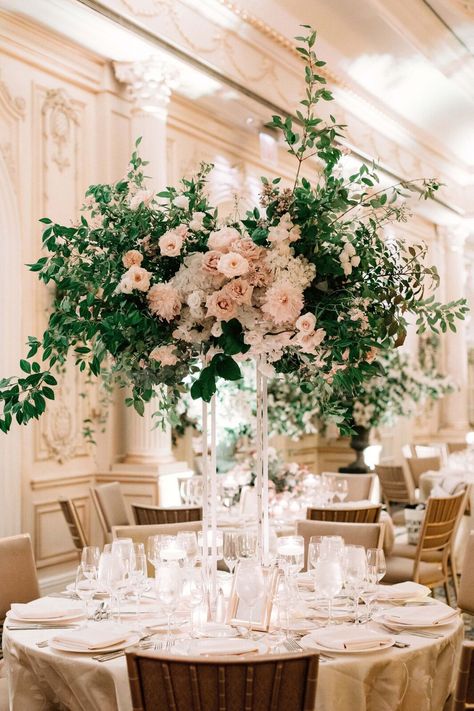 Tall Arrangements Wedding, High Centerpiece Wedding, Elevated Centerpiece, Tall Flower Centerpieces, Essex House, House In New York, House New York, Lush Wedding, Tall Wedding Centerpieces