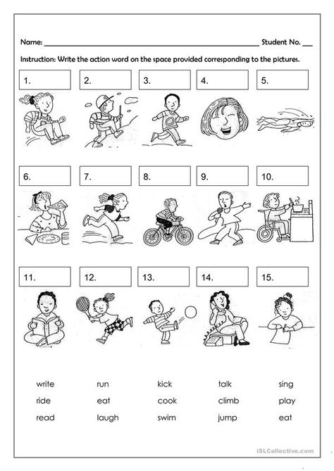 Verbs Kindergarten, Action Verbs Worksheet, Verbs For Kids, Ingles Kids, Verbs Activities, Materi Bahasa Inggris, Kids Worksheet, Grammar For Kids, Bahasa Melayu