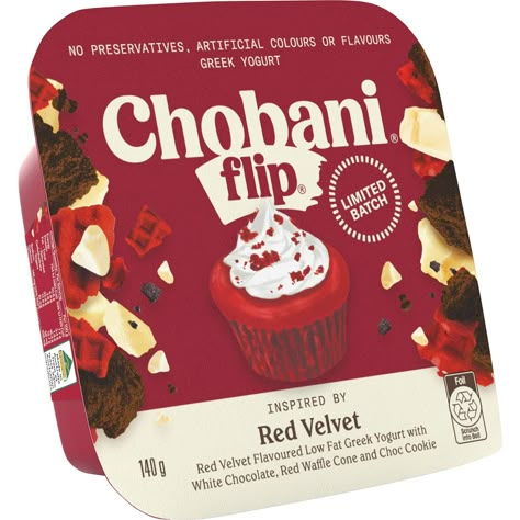 Chobani Yogurt Flips, Chobani Flips, Chobani Yogurt, Red Velvet Flavor, Greek Yogurt Flavors, Chobani Greek Yogurt, Yogurt Flavors, Grocery Foods, Food Babe