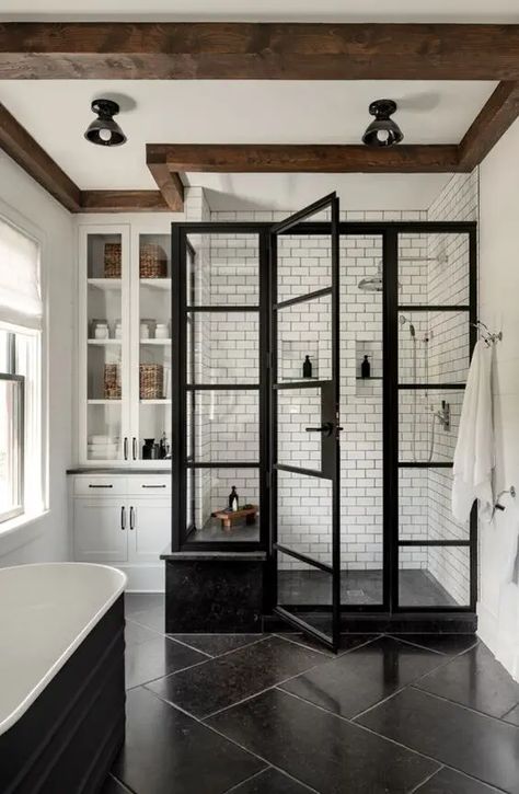 Modern Western Bathroom, Industrial Shower Doors, White Plank Walls, Modern Country Bathroom, Country Farmhouse Bathroom, White Home Design, Modern Farmhouse Bathrooms, Farmhouse Master Bath, A House Design