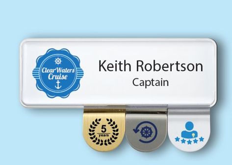 The Mighty Badge with 3 rewards medallions attached to the bottom. Employee Rewards, Reward And Recognition, Custom Lapel Pins, Building Trust, Employee Recognition, All Names, Name Badges, Clear Water, Custom Sign