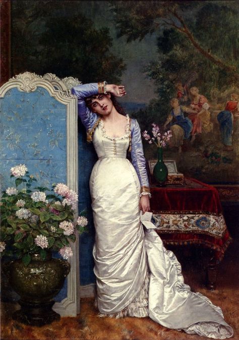 Young Woman in An Interior by Auguste Toulmouche, 1870. Auguste Toulmouche, Victorian Paintings, 19th Century Paintings, Flowers Photo, Classic Paintings, Victorian Art, Classical Art, Woman Painting, Young Woman